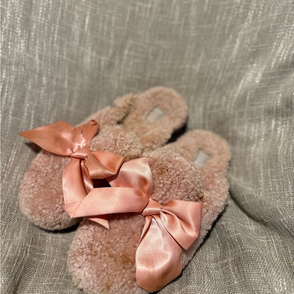 UGG Pink Fuzzy Slippers with Satin Bow